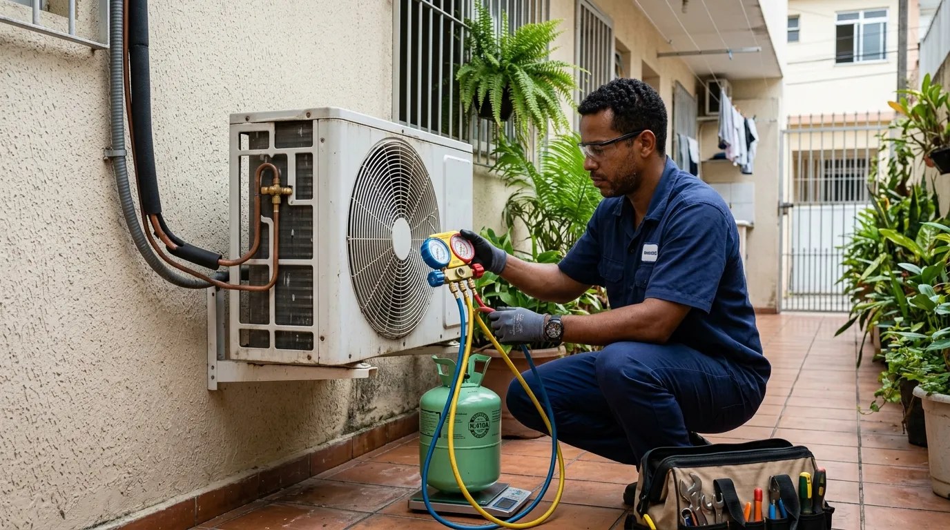 Técnico fazendo carga de gás na condensadora do ar-condicionado em Ponta Grossa‑PR