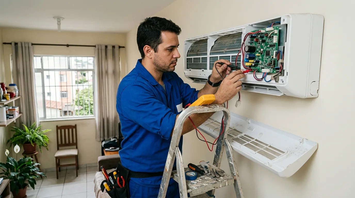 Técnico trocando a placa eletrônica de ar-condicionado split em Ponta Grossa‑PR