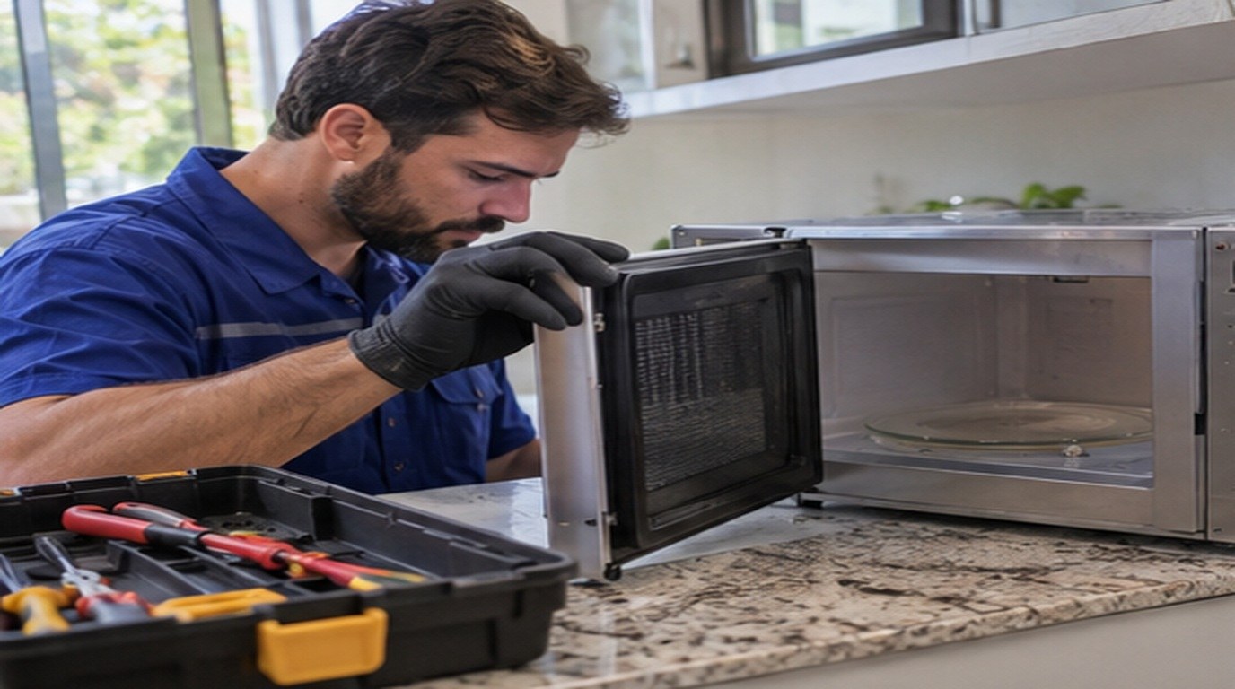 Conserto de micro-ondas em Ponta Grossa‑PR: técnico abrindo um micro-ondas de bancada