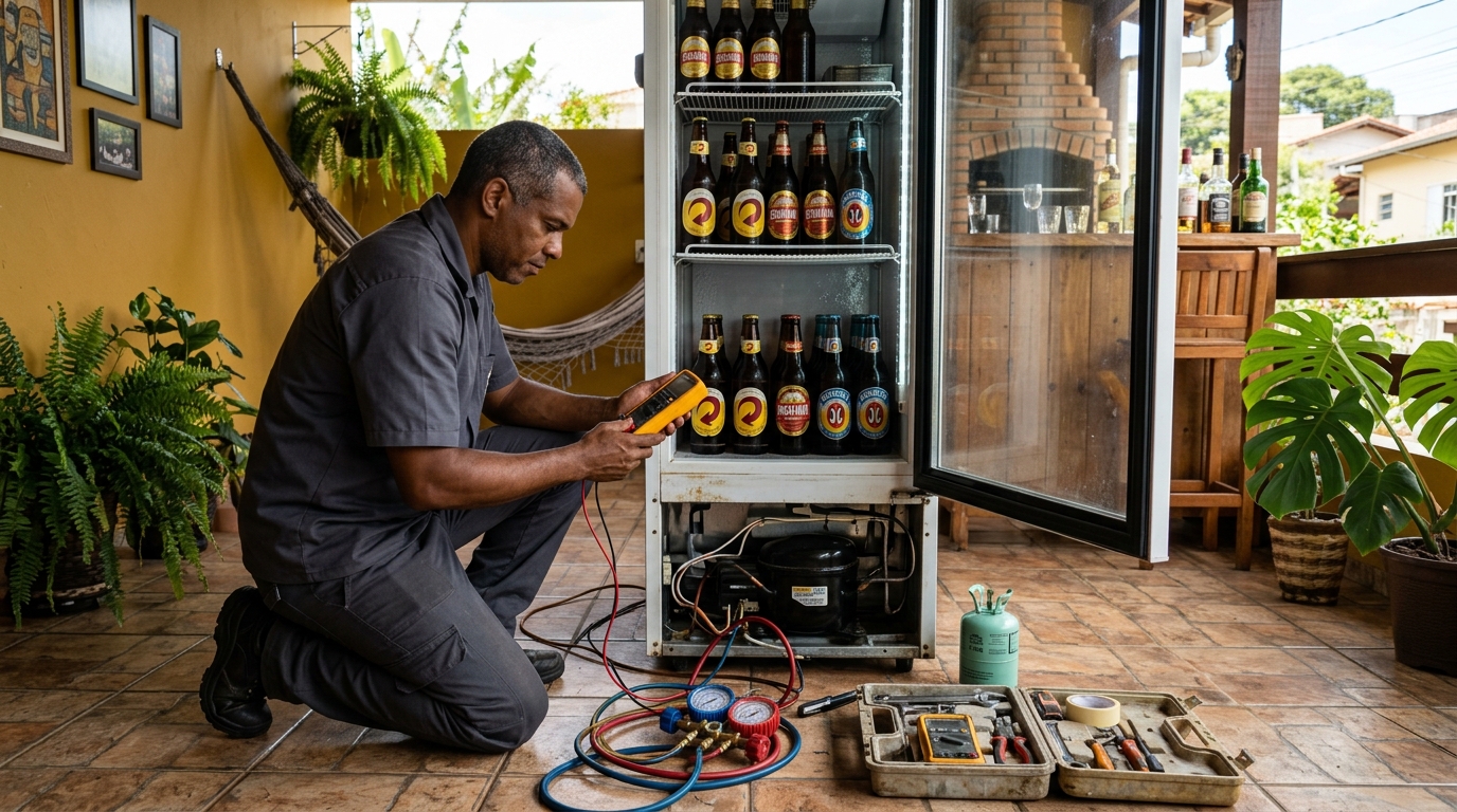 Placa eletrônica de cervejeira em reparo na bancada em Ronda, Ponta Grossa‑PR