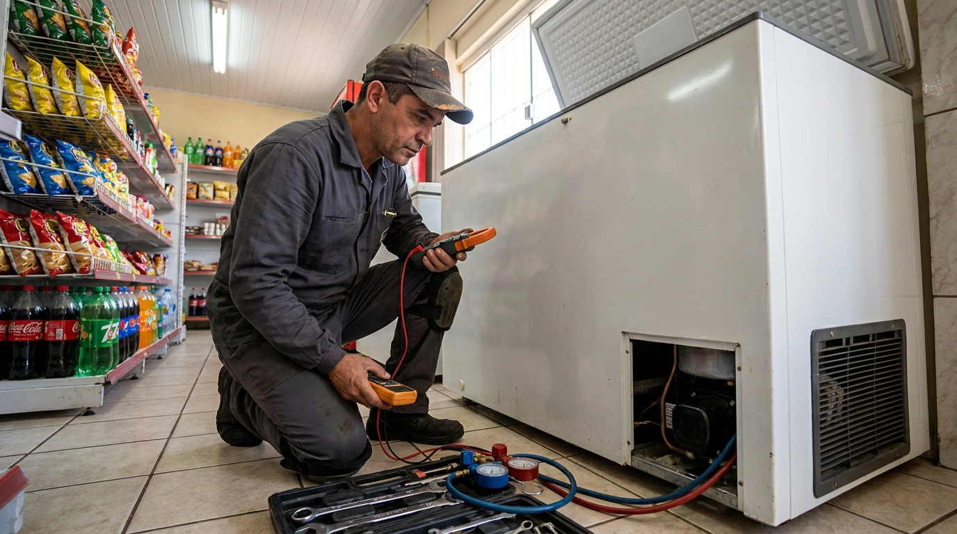 Reparo da placa eletrônica de um freezer em atendimento no Cará-cará, Ponta Grossa‑PR