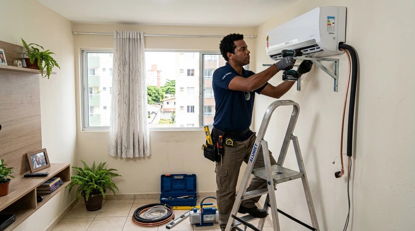 Técnico instalando ar-condicionado split em residência em Ponta Grossa‑PR