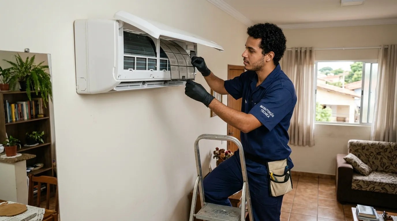 Técnico fazendo limpeza e higienização de ar-condicionado split em Ponta Grossa‑PR