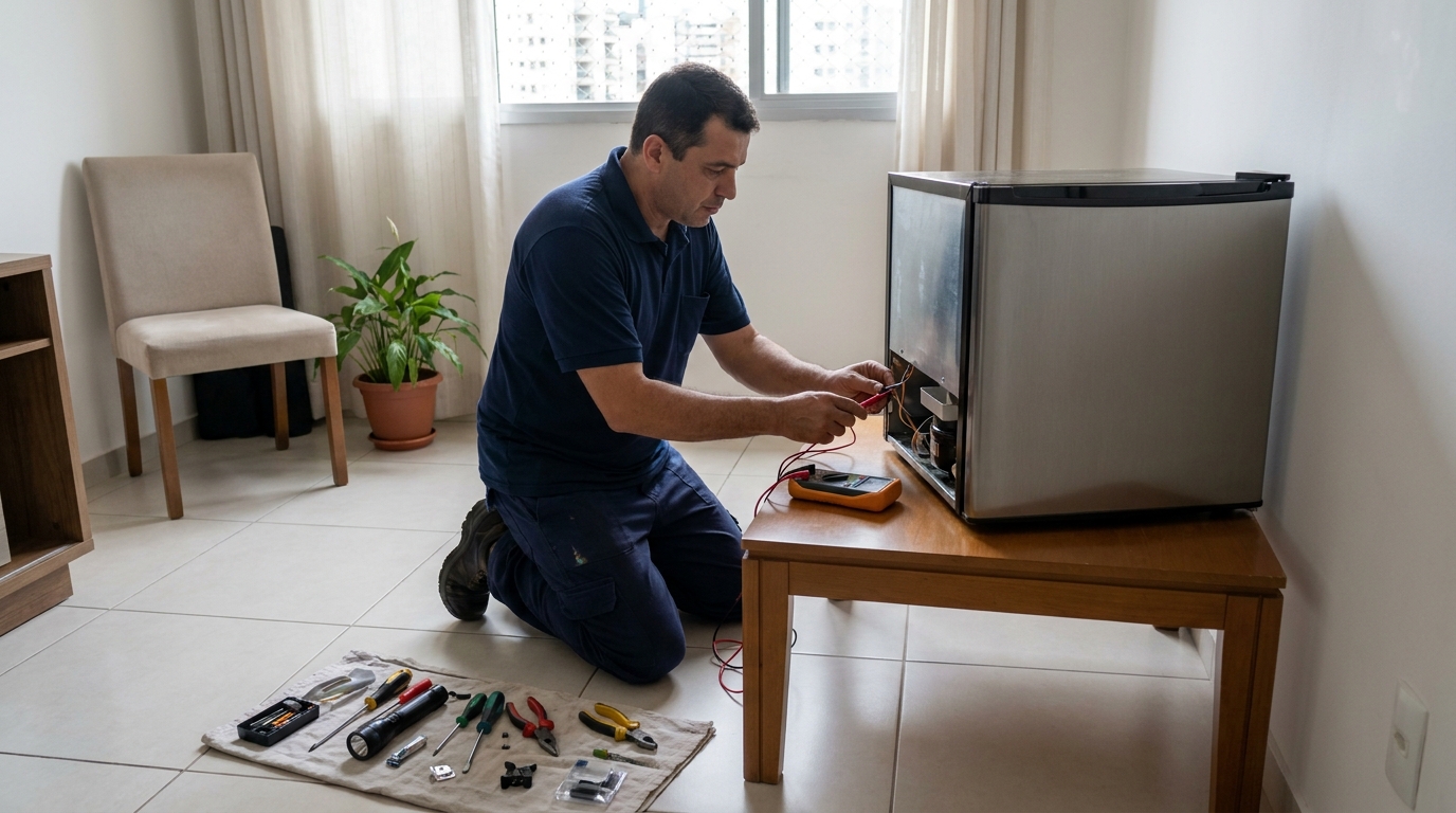 Técnico revisando o motor de um frigobar em Uvaranas, Ponta Grossa‑PR