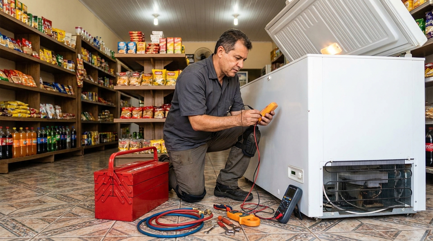 Manômetro conectado ao circuito durante recarga de gás de freezer no Cará-cará, Ponta Grossa‑PR