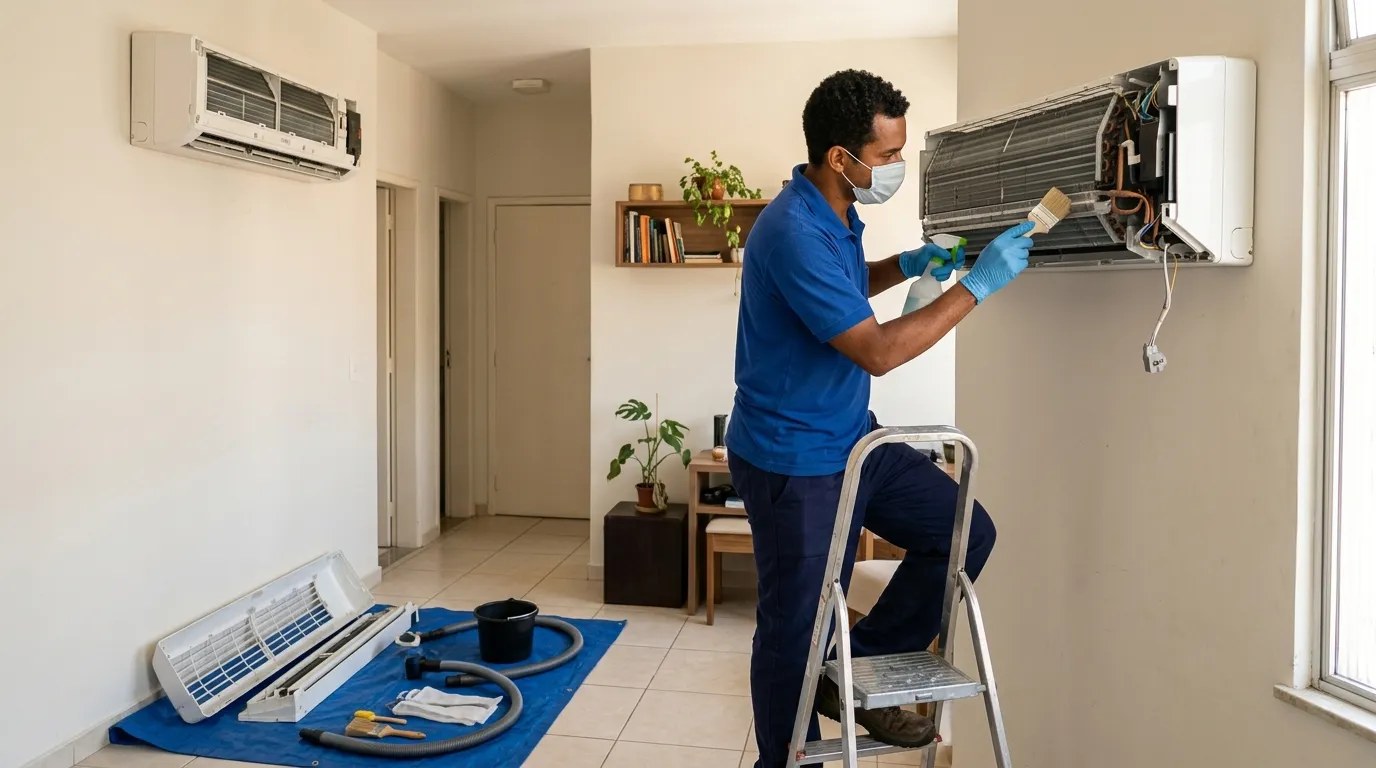 Técnico fazendo manutenção de ar-condicionado split em Ponta Grossa‑PR