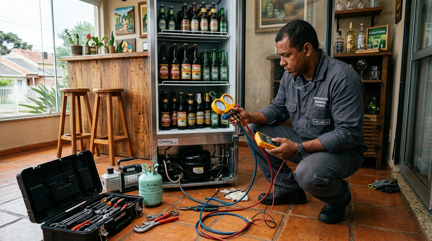 Técnico conferindo a temperatura de uma cervejeira durante atendimento em Ronda, Ponta Grossa‑PR