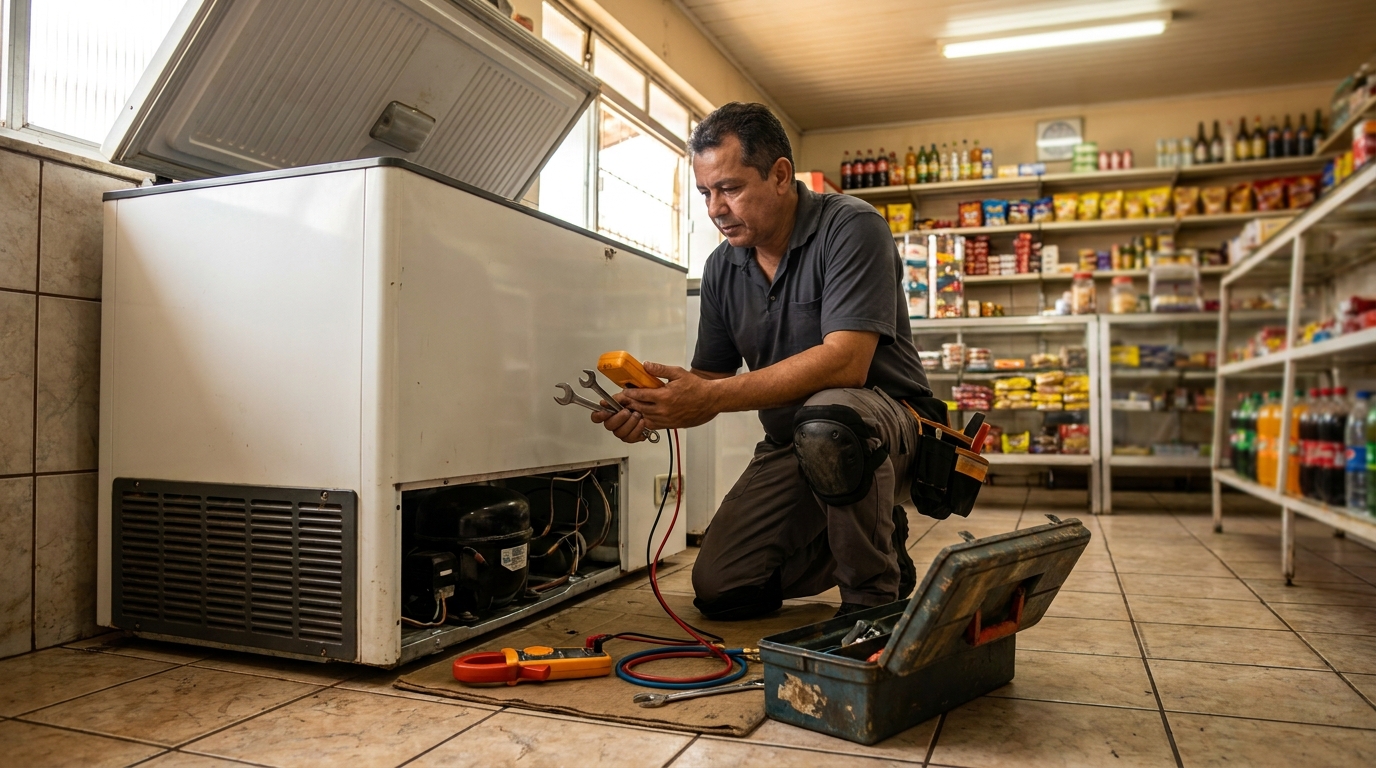 Técnico avaliando um freezer vertical durante atendimento no Cará-cará, Ponta Grossa‑PR